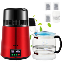 Дистилятор VEVOR 4 л, 1 л/год, 750 Вт Gedestilleerd Water Maker Machine met 0-99 H Timing Instelling Temp Display, 304 Roestvrijstalen Aanrecht Distiller, Glazen Karaf, Rood