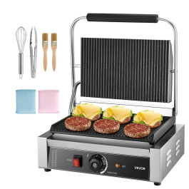 Контактний гриль VEVOR Commercial Panini Grill потужністю 2200 Вт для сендвічів, стейків, бекону, гамбургерів, пристрій для приготування сендвічів, гриль з нержавіючої сталі з ручкою, контролем температури та нагрівальною пластиною 34 x 23 см, пристрій дл