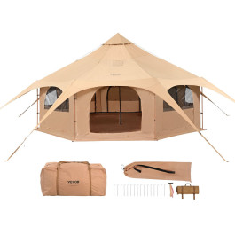 Намет VEVOR Bell Tent 5 x 2,8 м, юрта-намет з бавовняним покриттям TC та міцними залізними стійками з підлогою з тканини Оксфорд, сімейний намет для 8 осіб, груповий намет з 8 вікнами для пригод на свіжому повітрі