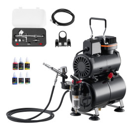 Набір аерографа VEVOR 1/6 HP з повітряним компресором та баком, 1 аерограф-пістолет подвійної дії з 3 соплами (0,2/0,3/0,5 мм) та шлангом, акрилова фарба та 1 вентилятор, для декорування тортів, розпису моделей та нейл-арту