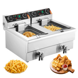 Фритюрниця VEVOR Commercial Fryer, електрична настільна фритюрниця потужністю 3 кВт з подвійним резервуаром та кошиком, 2 x 11 л, подвійна фритюрниця з нержавіючої сталі на олії, контроль часу та температури, для кухонь ресторанів