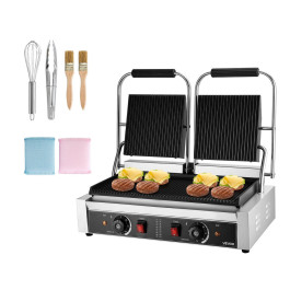 Електрична сендвічниця VEVOR Commercial Contact Grill 3600 Вт (подвійні пластини для випікання), паніні з нержавіючої сталі з контролем температури, рифлена емальована пластина 48 x 23 см для гамбургерів, стейків та бекону