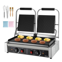 Контактний гриль VEVOR Commercial Panini Grill потужністю 3600 Вт для сендвічів, стейків, бекону, гамбургерів, пристрій для приготування сендвічів, гриль з нержавіючої сталі з ручкою та контролем температури, нагрівальна плита 48 x 23 см, пристрій для при
