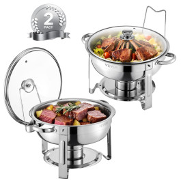 Настінна миска VEVOR Chafing Dish Buffet з 2 повнорозмірними контейнерами (по 4,7 л кожен), круглий термодозатор зі скляною кришкою та контейнером для води, а також складною підставкою, для фуршетів, сріблястий