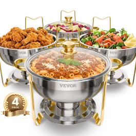 Настінний кейтеринговий фуршет VEVOR Chafing Dish Buffet з 4 повнорозмірними контейнерами (4,7 л), круглий термодозатор зі скляною кришкою та контейнером для води, а також складною підставкою, для весільних фуршетів, золотий колір