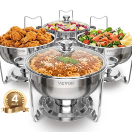 Настінний фуршет VEVOR Chafing Dish Buffet з 4 повнорозмірними контейнерами (по 4,7 л кожен), круглий термодозатор зі скляною кришкою та контейнером для води, а також складною підставкою, для весільних фуршетів, сріблястий