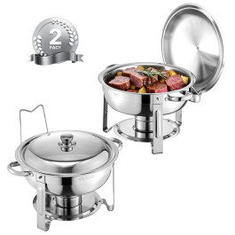 Підігрівач їжі VEVOR Chafing Dish Buffet з 2 повнорозмірними контейнерами (по 4,7 л кожен), круглий дозатор для кейтерингу з кришкою, тримачем для палива та чашею для води, для весіль та вечірок, сріблястий