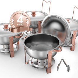Підігрівач їжі VEVOR Chafing Dish Buffet з 4 повнорозмірними контейнерами (по 4,7 л кожен), круглий кейтеринговий нагрівач з кришкою та контейнером для води та складною підставкою, для весіль та вечірок, рожево-золотистий колір