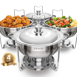 Набір для приготування їжі VEVOR Chafing Dish Buffet з 4 повнорозмірними контейнерами (по 4,7 л кожен), круглий термодозатор з кришкою та контейнером для води, а також складна підставка, для весіль та вечірок, сріблястий