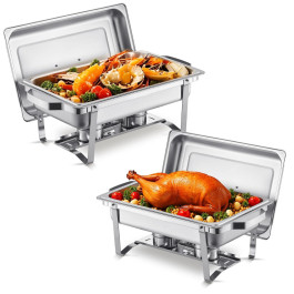 Підігрівач їжі VEVOR Chafing Dish Buffet (7,5 л), набір з 2 шт. з 2 повнорозмірними сковорідками, прямокутний дозатор тепла для кейтерингу з кришкою та тримачем для палива, для весіль, вечірок, банкетів, сріблястий