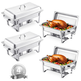 Набір посуду VEVOR Chafing Dish Buffet, 4 предмети, підігрівач їжі з нержавіючої сталі з 4 повнорозмірними каструлями (7,5 л), прямокутний дозатор тепла для кейтерингу з кришкою, підставка для каструль з водою та тримач для палива.