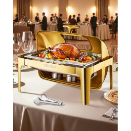 Набір підігрівачів їжі VEVOR Chafing Dish з нержавіючої сталі з повнорозмірними контейнерами (8,5 л), прямокутним термодиспенсером з видимою кришкою, підставкою для контейнера з водою та тримачем для палива, для вечірок, золотистий