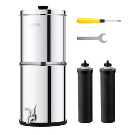 Система фільтрації води VEVOR Gravity, нержавіюча сталь, настільна система фільтрації води, 7 л + 8,5 л, зменшує вміст свинцю та до 99% хлору, з 2 вугільними фільтрами та краном, для кемпінгу, автофургона, дому
